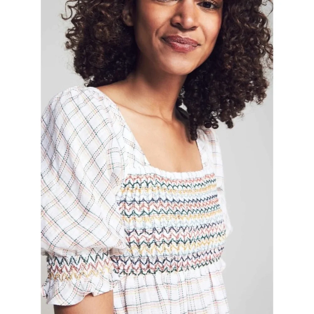 Faherty Lola Linen Smocked Dress in Crispin Windowpane Size Small